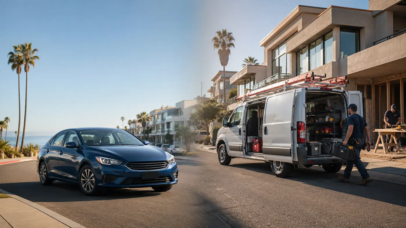 Commercial work vehicle compared with a personal automobile
