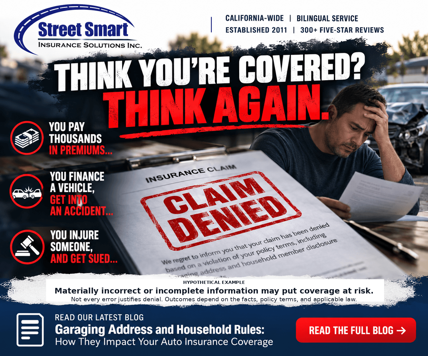 Street Smart claim-denied warning: accurate garaging and household information may help protect your coverage; hypothetical example